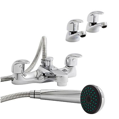 Kartell Koral Basin & Bath Shower Mixer Tap Pack With Kit (Chrome).