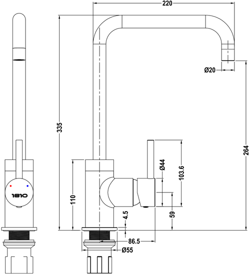 Technical image of 1810 Purquartz Cascata Kitchen Tap (Polar White & Copper).