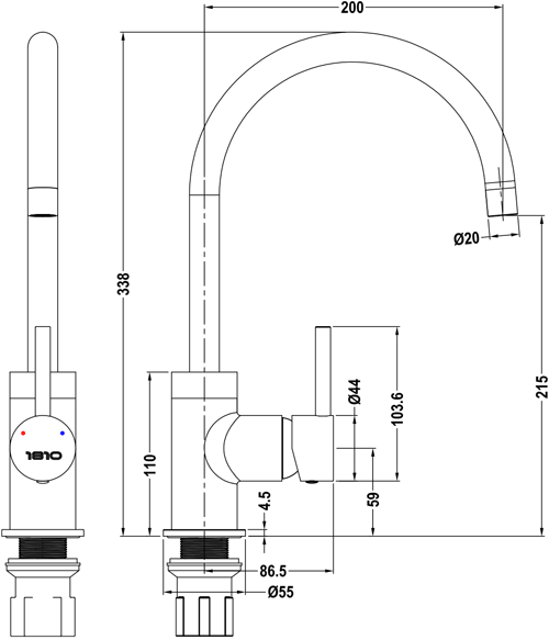 Technical image of 1810 Purquartz Courbe Kitchen Tap (Metallic Black & Copper).