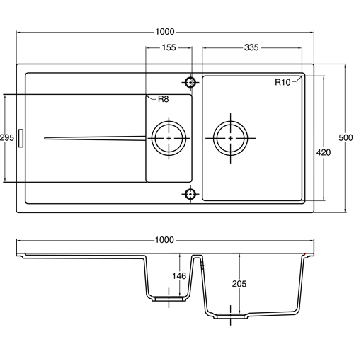 Technical image of 1810 Kitchen Sink & Tap Pack, 1.5 Bowl (1000x500, Polar White & Black).
