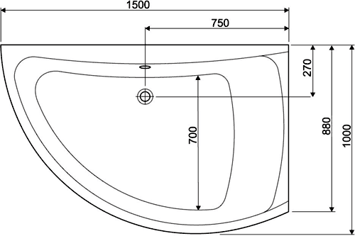 Technical image of Aquaestil Comet Corner Bath. Right Handed. 1500x1000mm.