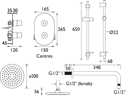 Technical image of Bristan Artisan Shower Pack With Arm, Round Head & Slide Rail Kit (Chrome).