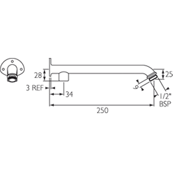 Technical image of Bristan Commercial Exposed Shower Arm For Rigid Riser (250mm, Chrome).