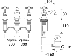 Technical image of Bristan Trinity 3 Hole Basin Mixer Tap With Pop Up Waste (Chrome).