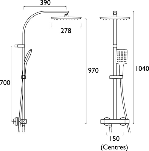 Technical image of Bristan Vertico Exposed Bar Shower Valve With Rigid Riser (Chrome).