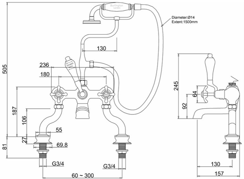 Technical image of Burlington Anglesey Bath Shower Mixer Tap With Kit (Chrome & White).