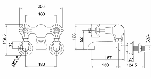 Technical image of Burlington Anglesey Wall Mounted Bath Filler Tap (Chrome & White).