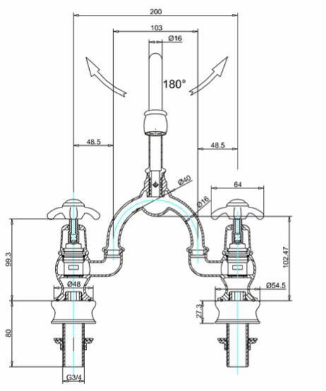Technical image of Burlington Anglesey 2 Hole Arch Basin Mixer Tap (Chrome & White, 200mm).