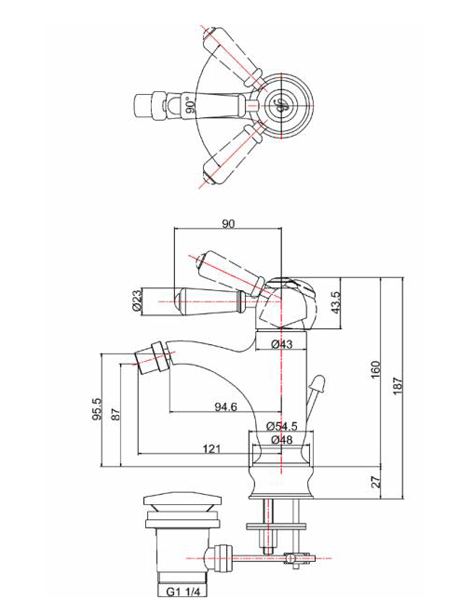 Technical image of Burlington Chelsea Regent Curved Bidet Mixer Tap & Waste (Chrome/Med).