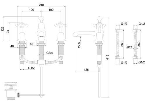 Technical image of Burlington Claremont 3 Hole Basin Tap With Pop Up Waste (Nickel & White).