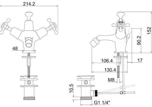 Technical image of Burlington Claremont Bidet Tap With Pop Up Waste (Chrome & Medici).