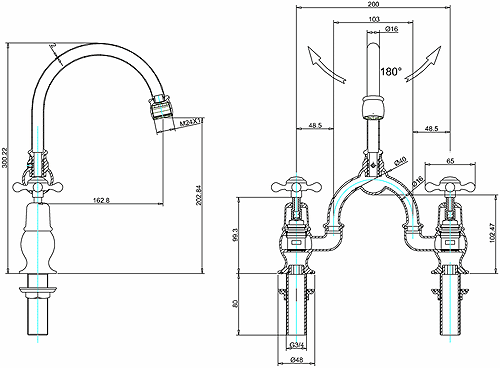 Technical image of Burlington Claremont 2 Hole Arch Basin Mixer Tap (Chrome & Medici, 200mm).