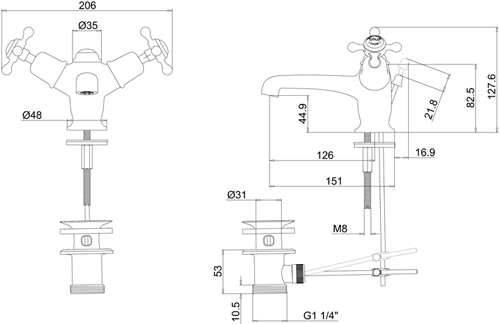 Technical image of Burlington Claremont Basin Tap With Pop Up Waste (Nickel & White).