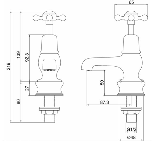 Technical image of Burlington Claremont Basin Taps 3" (QT, Chrome & White).