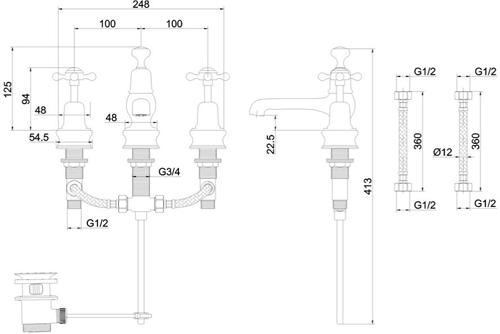 Technical image of Burlington Claremont 3 Hole Basin Tap With Pop Up Waste (Nickel & White).