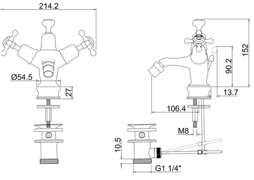 Technical image of Burlington Claremont Bidet Tap With Pop Up Waste (Chrome & Medici).