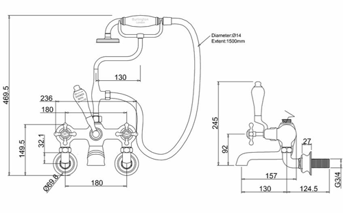 Technical image of Burlington Claremont Wall Mounted BSM Tap With Kit (Gold & White).