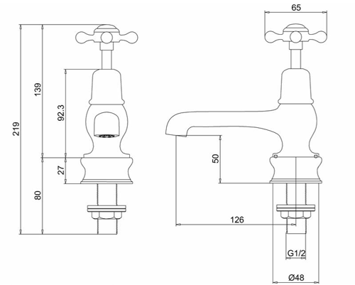Technical image of Burlington Claremont Basin Taps 5" (QT, Chrome & White).