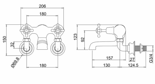 Technical image of Burlington Claremont Wall Mounted Bath Filler Tap (Chrome & White).