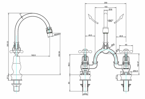 Technical image of Burlington Claremont 2 Hole Arch Basin Mixer Tap (Chrome & White, 200mm).