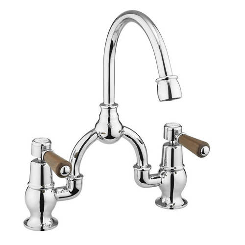 Larger image of Burlington Kensington 2 Hole Arch Basin Mixer Tap (Chrome & Walnut, 230mm).