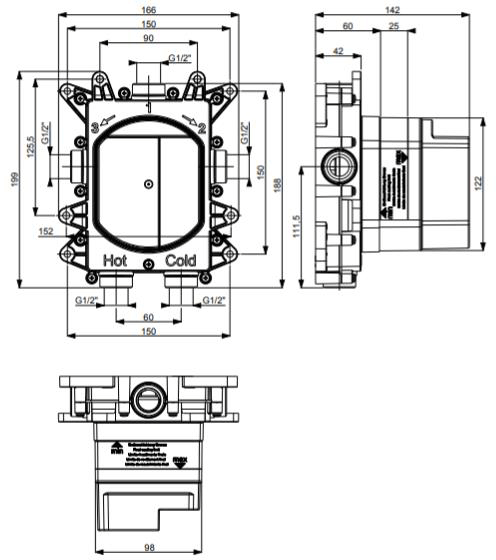 Technical image of Crosswater Glide II Crossbox 3 Outlet Shower Valve (Stainless Steel).