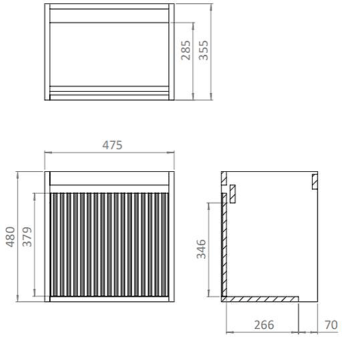 Technical image of Crosswater Flute Wall Unit With White Glass Basin (475mm, Windsor Oak, 0TH)