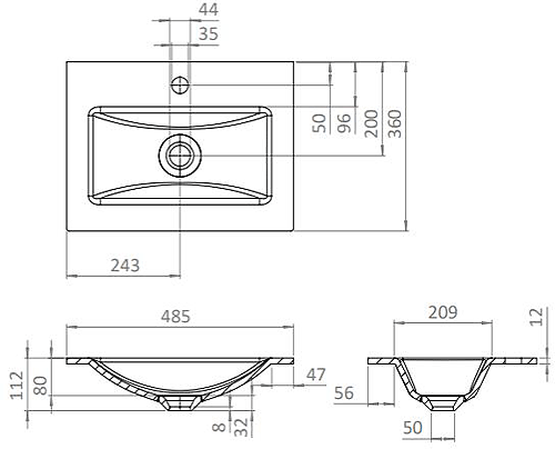 Technical image of Crosswater Flute Wall Unit With White Glass Basin (475mm, Windsor Oak, 1TH)