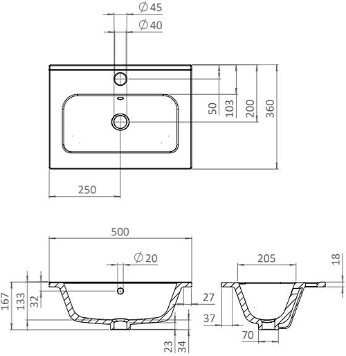 Technical image of Crosswater Flute Vanity Unit With Ceramic Basin (475mm, Navarra Oak, 1TH).