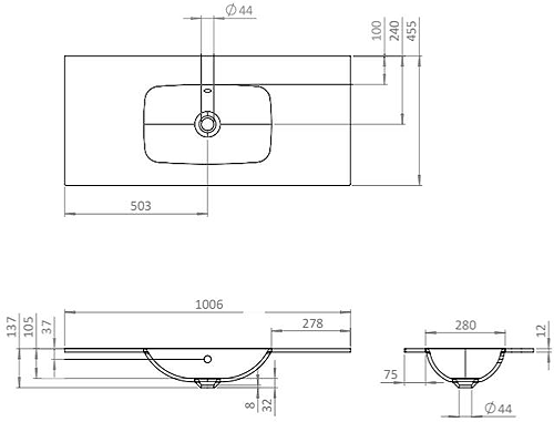 Technical image of Crosswater Glide II Vanity Unit With Black Glass Basin (1000mm, Steelwood, 1TH).