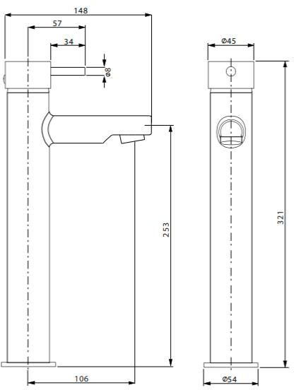 Technical image of Crosswater Kai Lever Showers Tall Basin & Bath Filler Tap Pack (Chrome).