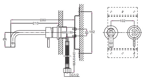 Technical image of Crosswater Kai Lever Showers Wall Mounted Basin & Bath Filler Tap Pack (Chrome).