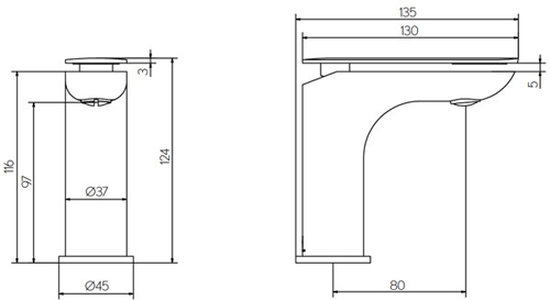 Technical image of Crosswater KH Zero 2 Mini Basin Mixer Tap With Lever Handle (Chrome).