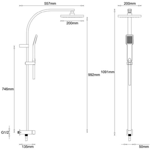Technical image of Crosswater Planet Rigid Riser, Shower Handset, Hose & Diverter (2 Outlets).