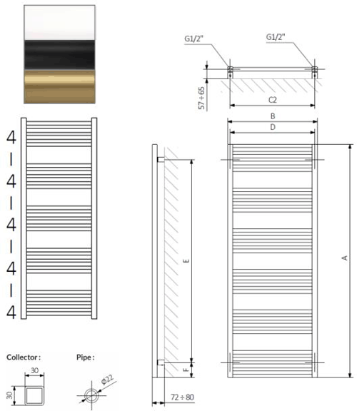 Technical image of Crosswater MPRO Heated Towel Radiator 480x1140mm (M White).