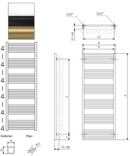 Technical image of Crosswater MPRO Heated Towel Radiator 480x1380mm (M White).