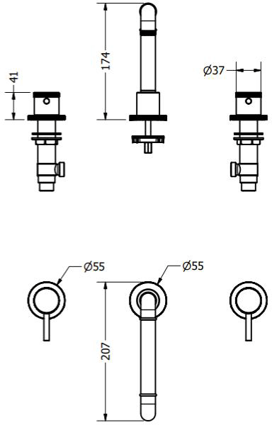 Technical image of Crosswater Industrial 3 Hole Basin Mixer Tap (Unlac Brushed Brass).
