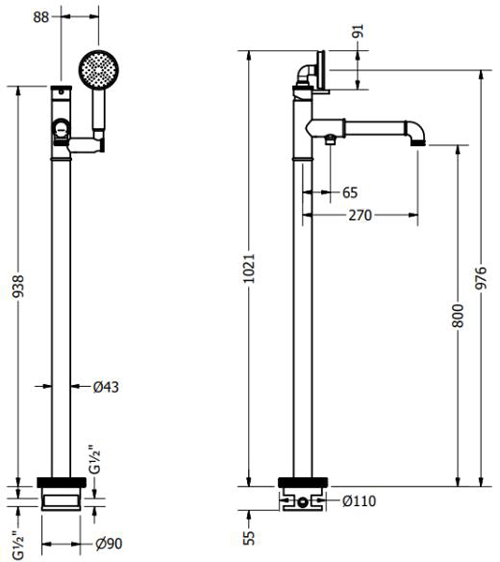 Technical image of Crosswater Industrial Floor Standing Bath Shower Mixer Tap (Unlac Brass).