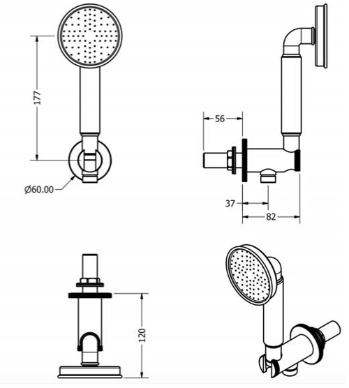 Technical image of Crosswater Industrial Wall Outlet, Handset & Hose (Unlacquered Brass).