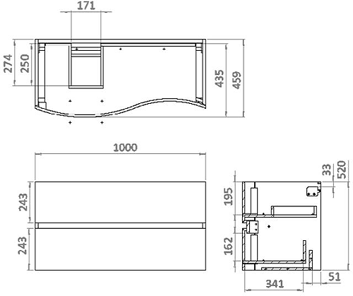 Technical image of Crosswater Svelte Vanity Unit With White Glass Basin (1000mm, Storm Grey Matt).