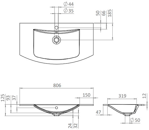 Technical image of Crosswater Svelte Vanity Unit With Black Glass Basin (800mm, Storm Grey Matt).