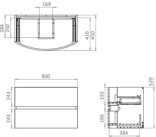 Technical image of Crosswater Svelte Vanity Unit With White Cast Basin (800mm, Storm Grey Matt).