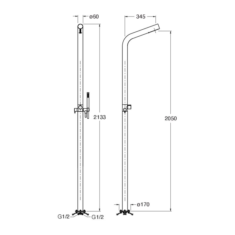 Technical image of Crosswater Ixora Floor Standing Outdoor Shower With Valve & Diverter (316 stainless Steel).
