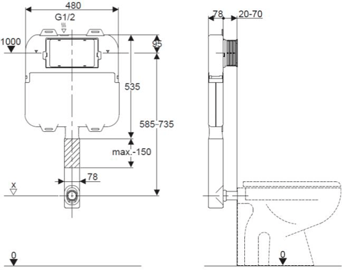 Technical image of Crosswater Parts Taller Concealed Toilet Cistern.