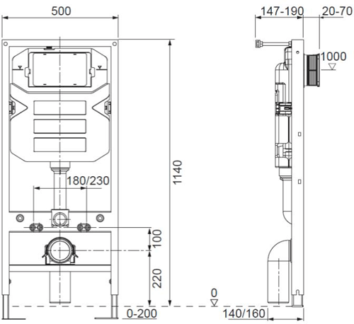 Technical image of Crosswater Parts Wall Hung Toilet Support Frame With Cistern (1140mm High).