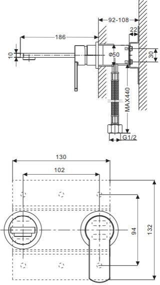 Technical image of Crosswater Wisp Wall Mounted Basin Mixer Tap (Matt Black).