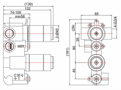 Technical image of Crosswater Wisp Shower Valve With 2 Outlets & Diverter (Chrome).