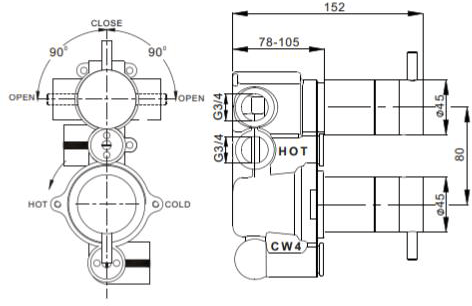 Technical image of Crosswater Wisp Shower Valve With 2 Outlets & Diverter (Matt Black).