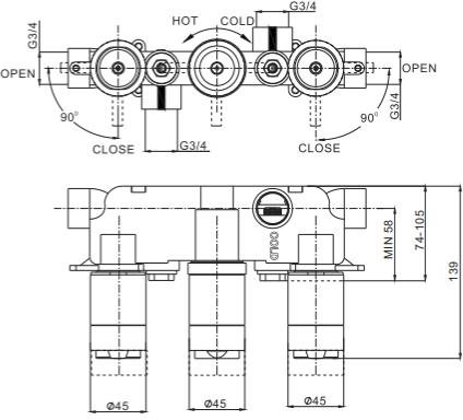 Technical image of Crosswater Wisp Shower Valve With 2 Outlets & Diverter (Matt Black).
