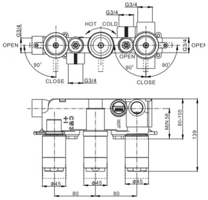 Technical image of Crosswater Wisp Shower Valve With 3 Outlets & Diverter (Matt Black).